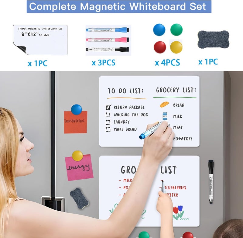 ZUXEFO Magnetic Fridge Whiteboard Set: Dry Erase White Board, Magnets (Bonus), Markers & Erasers (1-Pack, 12 X 8 Inch) - Image 2